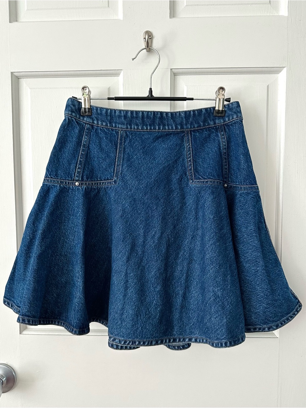 TANYA TAYLOR Dark Blue Denim Flare Mini Circle Skirt Seamed Pleated Size 4